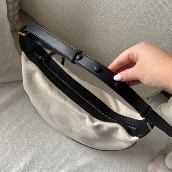 Zara linen off white ecru & black trim contrast oval crescent shoulder bag purse - Picture 8 of 8
